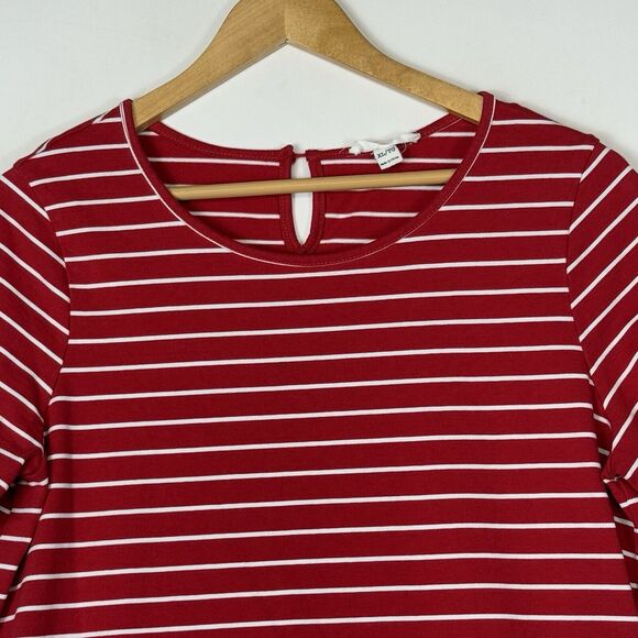 Beach Lunch Lounge Red White Stripe Fringe Hem Short Sleeve Dress Women's XL - Picture 2 of 6